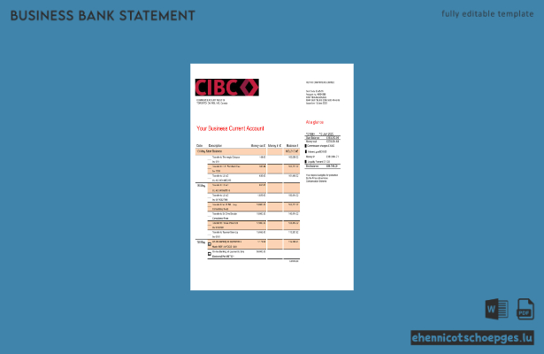 Beispielvorschau eines Kontoauszugs vom CIBC Bank Firmengirokonto (Word und PDF)